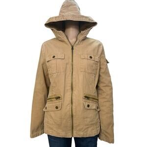 Y2K Mossimo Womens Canvas Chore Coat XL Brown Utility Pocket Barn Jacket Hooded